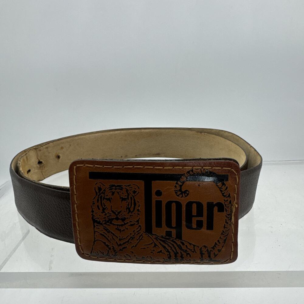 Vintage Hand Tooled Stitched 70’s Tiger Leather Belt Buckle W/belt Sz 46⬇️